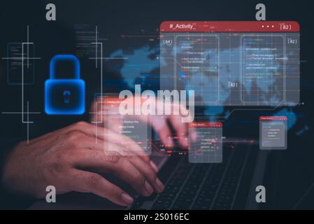 Hands typing on laptop with programming code on screen, representing software development. Perfect for coding, IT solutions, digital technology, web a Stock Photo
