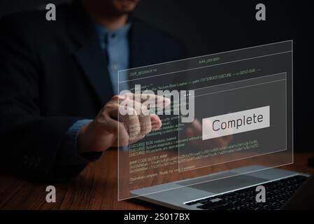User interacting with a holographic programming interface displaying code completion. Represents software development, IT processes, and digital solut Stock Photo