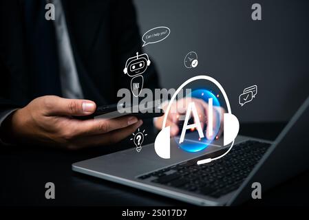 User interacting with AI chatbot holograms on a laptop and smartphone. Highlights virtual assistance, smart technology, and customer support. Stock Photo