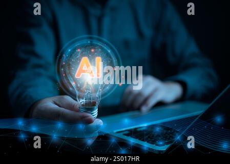 A glowing AI lightbulb held by a hand, representing technological innovation, artificial intelligence, and advanced solutions. Ideal for tech industri Stock Photo