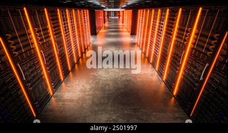 Orange lights server room data center  technology equipment 3d Stock Photo