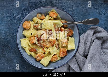 Papardelle pasta in creamy sauce with seafood, homemade, no people Stock Photo