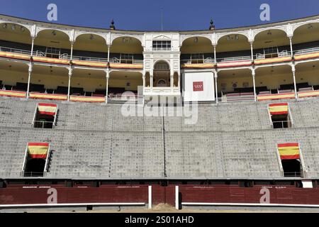 Madrid, Spain, Europe, Detailed view of an empty bullring with grandstands and hanging flags, Bullring Las Ventas, Plaza de Toros Las Ventas, Europe Stock Photo