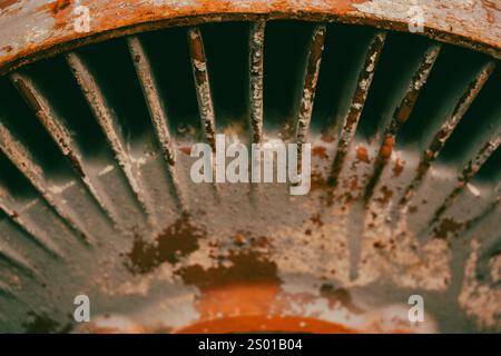 Rusty wheeled surface of old metal wheel surface. Broken vintage mechanism. Steel gear. Turbine blade with rusted surface with corrosion and rusting . Stock Photo