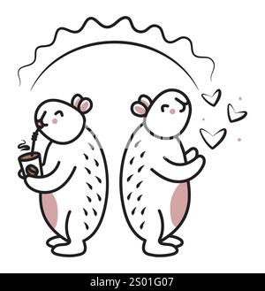 Two cute black line whimsical capybaras enjoy sunny day, vector doodle of trendy kawaii characters with a cup of mocha mousse and hearts, big friendly Stock Vector