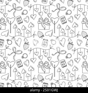 Valentines Day seamless pattern with hand drawn hearts, gift boxes, ribbons, strawberries, and festive elements in black. doodle style. Perfect for Stock Vector
