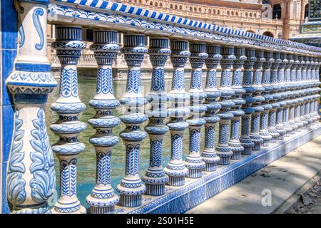 Beautiful ceramic ornate railing in the Plaza de Espana in Seville, Spain. Stock Photo