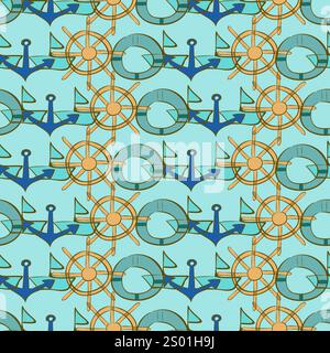 Seamless pattern with marine objects in turquoise tones Stock Vector