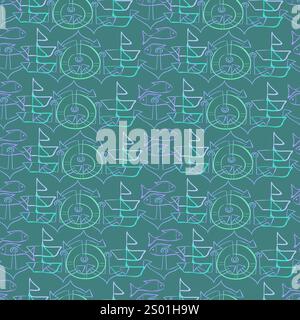 Seamless pattern with marine elements in neon style in green turquoise tones Stock Vector