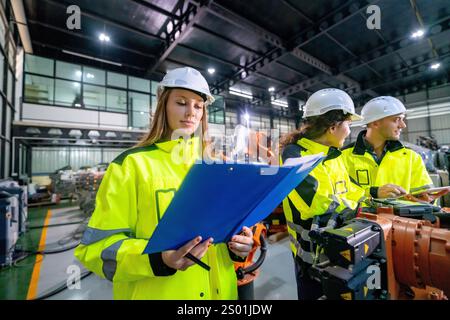 Team of engineers in safety gear analyzes documents in a modern manufacturing facility filled with equipment and machinery while discussing ongoing pr Stock Photo