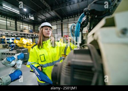 A skilled engineer in a high-visibility jacket examines robotic equipment. Stock Photo