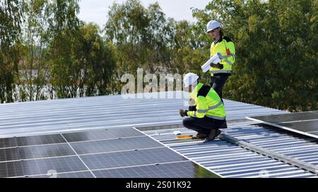 Two workers are engaged in installing solar panels on a metal roof while surrounded by greenery. It is a clear, sunny day, perfect for solar energy pr Stock Photo