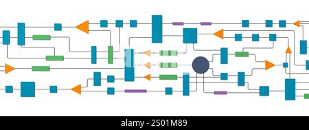 Flow chart, industrial process, business organigram. Flow chart, industrial process. Chart with elements, connected lines, and geometric shapes. Stragey, map, plan, chart, node tree, conncection. 3D illustration img business059s01 flow chart Stock Photo