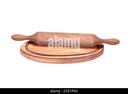 Kitchen wooden utensils watercolor illustration isolated background. Texture brown rolling pin on round cutting board for rolling dough. Stock Photo