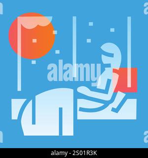 The girl sits by the window in winter black icon. Sign for web page, mobile app, button, logo. Vector isolated button. Editable stroke. Stock Vector