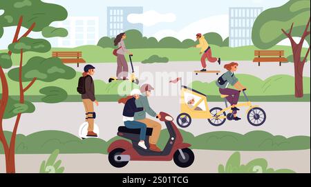 People on electric transport in city. Citizens travel by eco vehicles in park. Outdoor activity. Green vehicles. Man driving motorbike. Woman on scoot Stock Vector