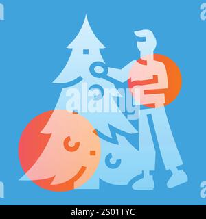 Person decorates a Christmas tree  line black icon. Sign for web page, mobile app, button, logo. Vector isolated button. Editable stroke. Stock Vector