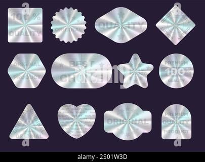 Holographic guarantees labels. Different foil seal shapes. Mockups with inscriptions. Award badges design. Quality assurance tags. Iridescent gradient Stock Vector