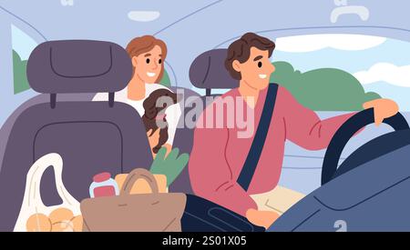 Riding in private transport. Driving vehicle. Driver carries passenger with dog in back seat of car salon. Shopping packages. Supermarket bags. Happy Stock Vector