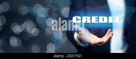 Businessman drawing on virtual screen "Credit ". Stock Photo