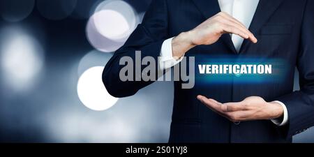 Person or businessman touch text button verification. Stock Photo
