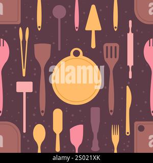 Color kitchenware seamless pattern. Cooking utensil. Different tools and cutlery. Cutting board. Repeated culinary theme. Spatula and knife. Food chop Stock Vector