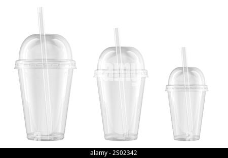 Clear Plastic Cups With Dome Lids with straws. Small, medium and large size. 3D rendering isolated on white background Stock Photo