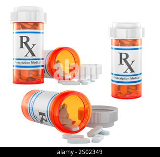 Medical bottles with drugs and spilling out of pill bottle. 3D rendering isolated on white background Stock Photo