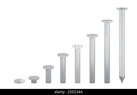 Steel nails hammered with on different levels. 3D rendering isolated on white background Stock Photo