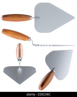 Masonry Trowel. Front, side and top views. 3D rendering isolated on white background Stock Photo