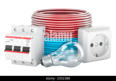 Electric cable, light bulb, circuit breaker and socket. Electric components. 3D rendering isolated on white background Stock Photo