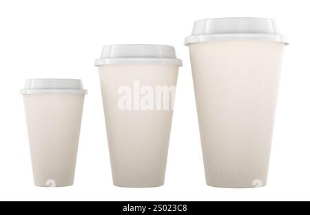 Disposable cups with lids. Small, medium and large size. 3D rendering isolated on white background Stock Photo