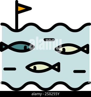 Fishing farm ponds concept vector color icon. Farmer testing pool with fish simple sign. Agriculture, fisheries, fish factory. Simple icons for use in Stock Vector
