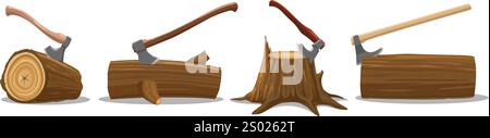 Woodcutter axe in wooden stump and log set. Woodcutters cartoon element isolated vector illustration Stock Vector