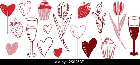 Romantic vector Valentines Day illustration. Contour red and pink hearts, strawberries, tulips, cupcakes, and wine glasses in a minimal hand drawn Stock Vector