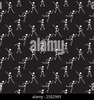 Dancing skeletons on a black background. Seamless pattern. Vector illustration. Stock Vector