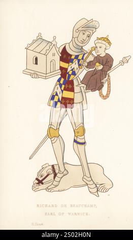 Richard Beauchamp, 13th Earl of Warwick, 1382-1439, holding a young Henry VI and model of the chapel of St. Mary, standing on a muzzled bear. In helmet and plate armour with armorial surcoat of his quartered coat of arms. He wears a garter of the Order of the Garter on his calf. From the Rous Roll in the British Library. Handcoloured woodblock engraving by Henry Shaw from his own Dresses and Decorations of the Middle Ages from the 7th to the 17th Centuries, William Pickering, London, 1843. Stock Photo