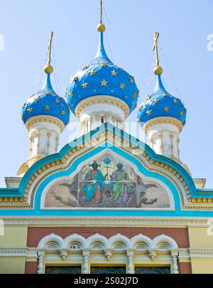 Russian Orthodox church with 5 sky blue domes in the San Telmo district of Buenos Aires, Argentina Stock Photo