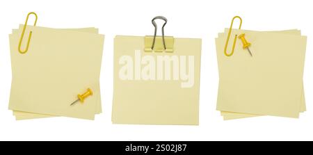 Paper message note reminder blank background office business push pin thumbtack clip needle pushpin. Yellow note with paper clip isolated on w Stock Photo