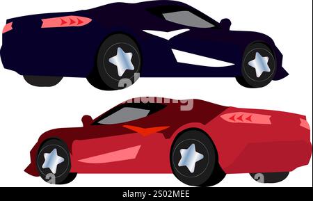 Two blue and red 3d cars illustration on transparent white background Stock Vector
