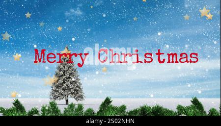 Image of happy christmas text over snow falling and sky with clouds. Christmas festivity and celebration concept. Stock Photo