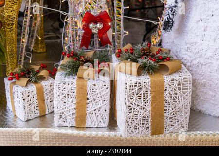 christmas gift boxes with ribbon and bow. Stock Photo