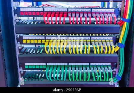 network cable connecting on network core switch close up Stock Photo