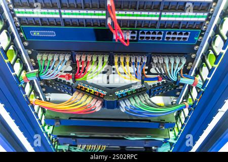 network cable connecting on network core switch close up Stock Photo