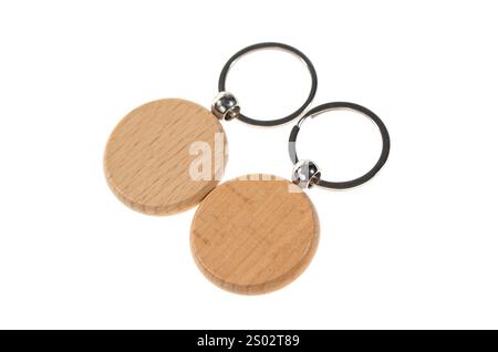 two wooden key chains isolated on whit Stock Photo