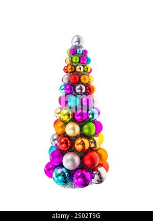 colorful Christmas balls stacked wreath in christmas tree shape isolated on background . Stock Photo