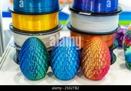 colorful plastic model of egg printed on a 3D printer Stock Photo