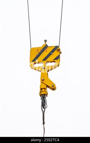 crane steel hook with cable isolated on white,Industrial equipment or tools. Stock Photo