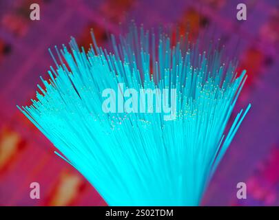 optical fibres dinamic flying from deep on technology background Stock Photo