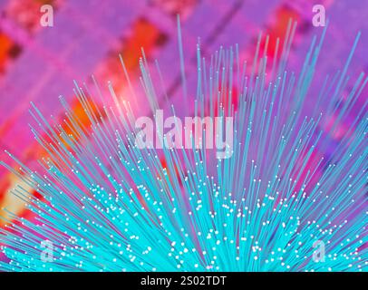 optical fibres dinamic flying from deep on technology background Stock Photo